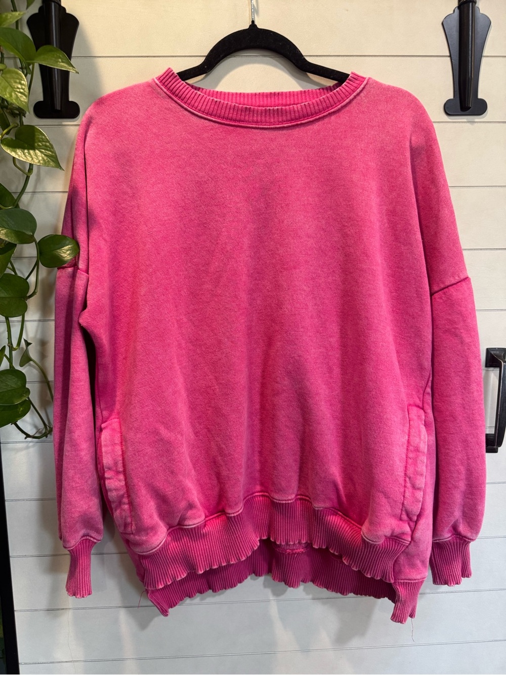 Zenana Washed Hot Pink Crewneck Sweater - Relaxed Fit